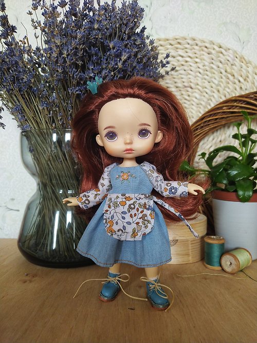 LinumCraft&Dolls Denim dress for little helper. For 9-10 inch dolls Monst Xaiomi, Blythe, Holola