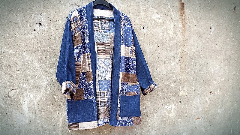 AMIN'S SHINY WORLD handmade patchwork amoeba then ordered KIMONO tannins smock coat - Men's Coats & Jackets - Other Materials Blue