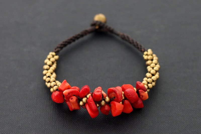 Coral Woven Bracelets Beaded Chunky Stone Brass Braided - Bracelets - Stone Red