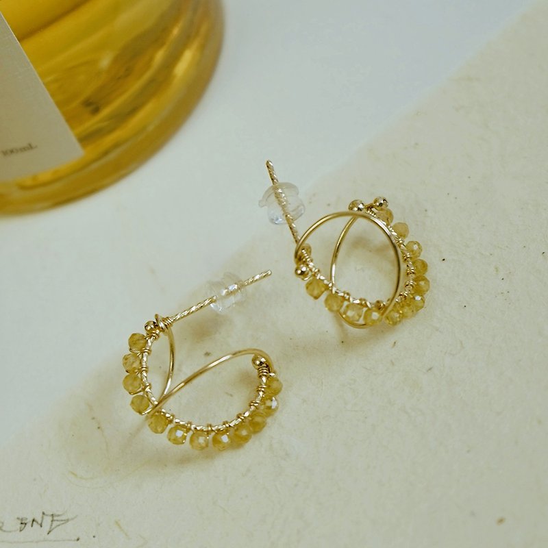 Goose yellow tourmaline rough stone spiral earrings made in the United States with 14K gold injection - ต่างหู - โลหะ สีเหลือง