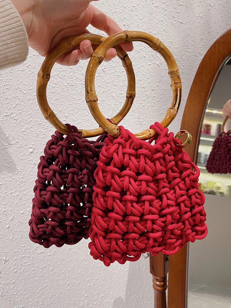 Uthisc is made of Xishi Linen and linen woven net bag red bamboo bag #Mini *Closed loop series - Handbags & Totes - Polyester Red