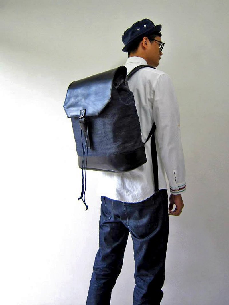 DENIM-Handmade Leather Denim Denim Canvas Flip Cover Wrinkled Back/Laptop Bag - Backpacks - Genuine Leather Blue