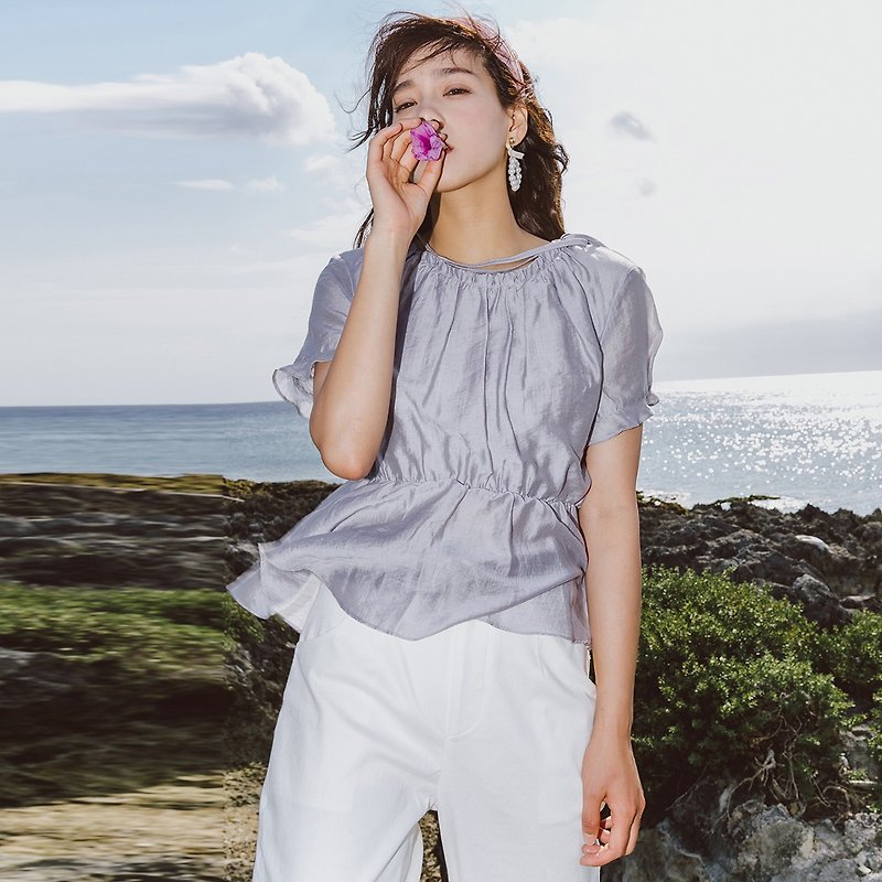 Anne Chen 2019 summer new style literary solid color neckline drawstring shirt 8158 - เสื้อผู้หญิง - ไฟเบอร์อื่นๆ สีเทา