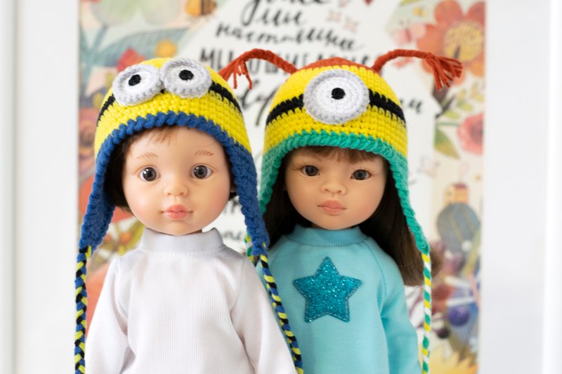 Cute crocheted Minions hats for Paola Reina dolls, Meadowdolls Dumplings, 针织帽 - 寶寶/兒童玩具/玩偶 - 棉．麻 黃色