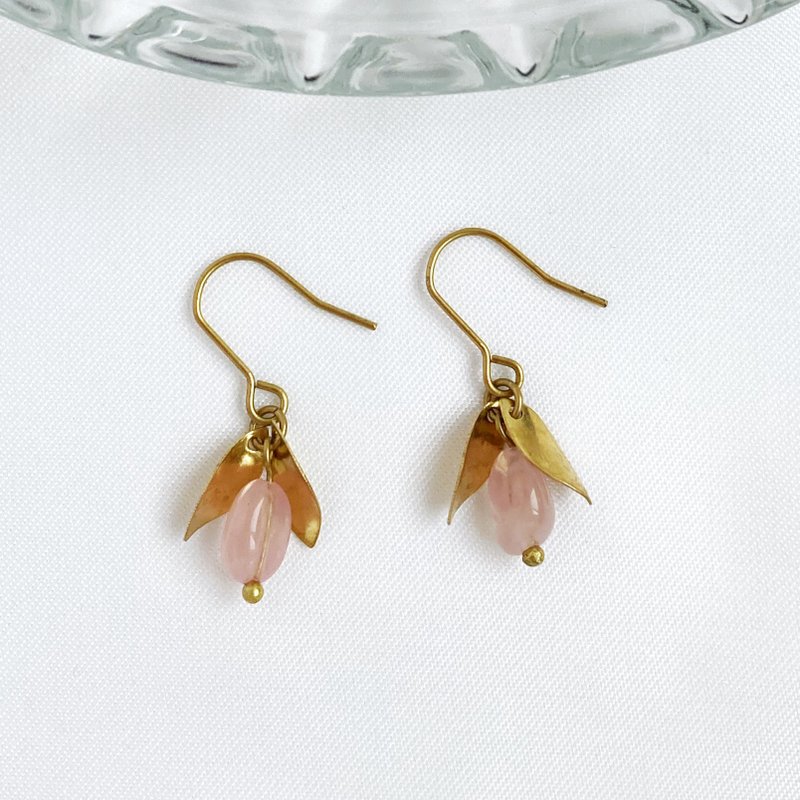 fruit. Powder Bronze brass ear hook natural stone handmade earrings can be changed clip type nobleman's popularity peach blossom - Earrings & Clip-ons - Copper & Brass Pink