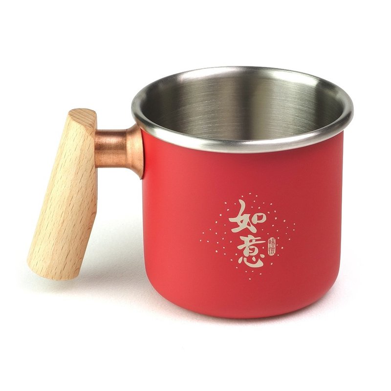 【客製化禮物】木柄 白鐵杯 400ml (如意) - 咖啡杯/馬克杯 - 不鏽鋼 紅色