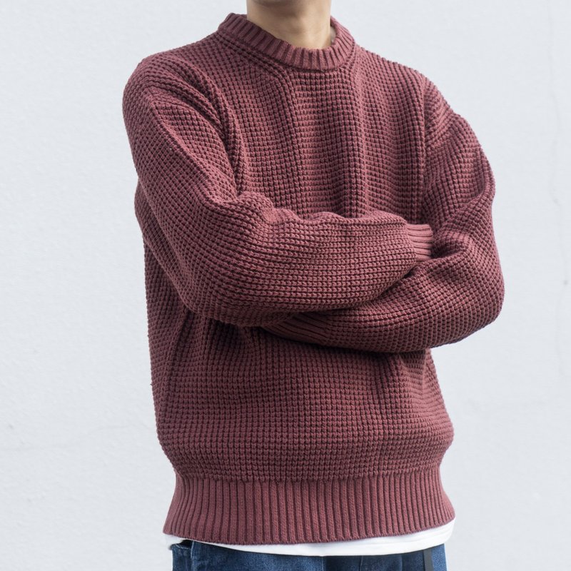 日系潮流 簡約復古純色重磅圓領粗線毛衣 寬松針織衫 男生禮物 - 男毛衣/針織衫 - 棉．麻 多色