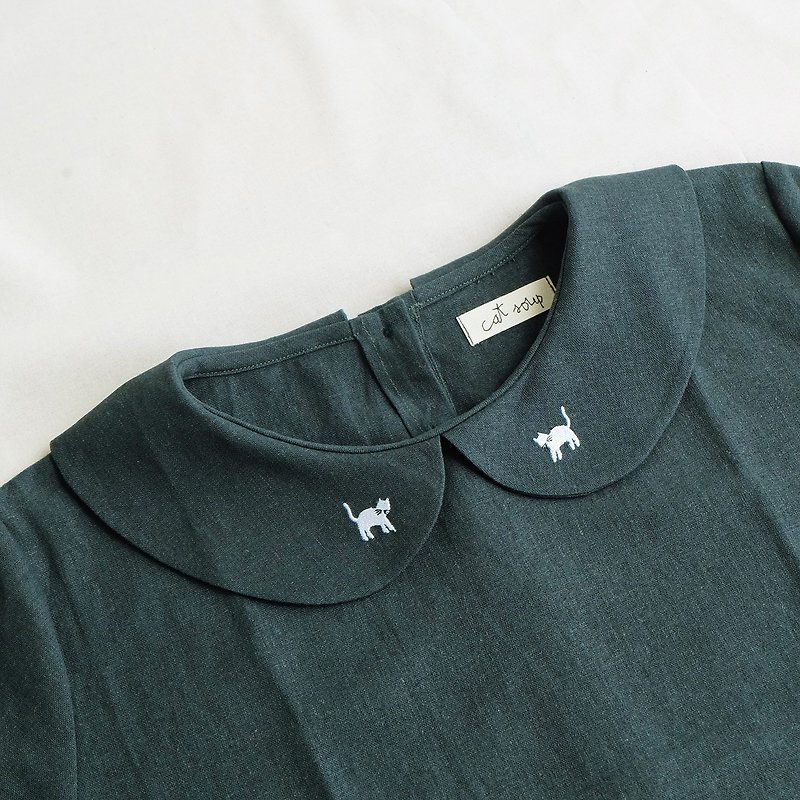little cats collar linen blouse : green - 女上衣/長袖上衣 - 棉．麻 綠色