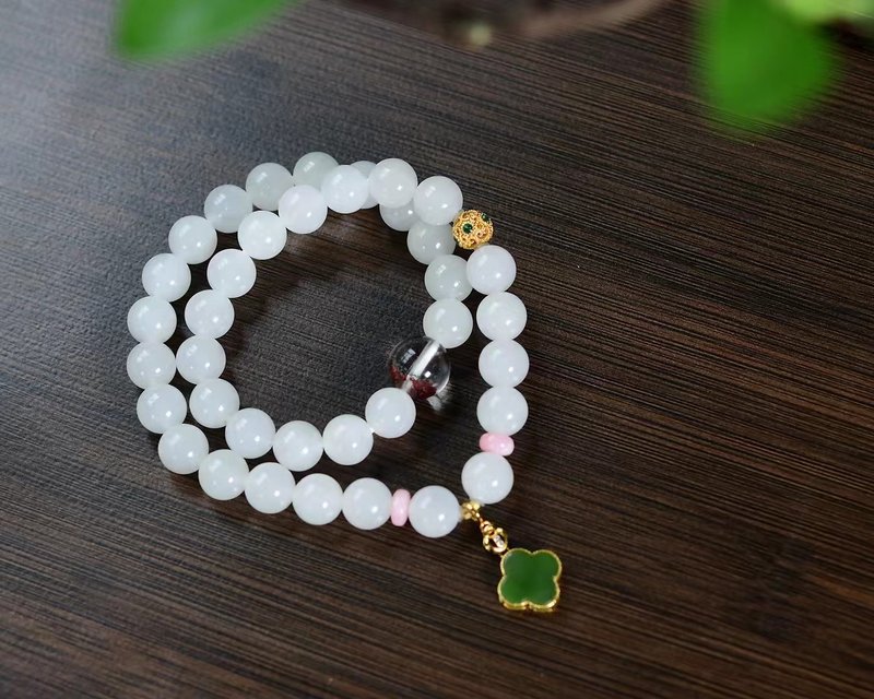 Natural Hetian jade double circle bracelet Hetian white jade bracelet - สร้อยข้อมือ - หยก 