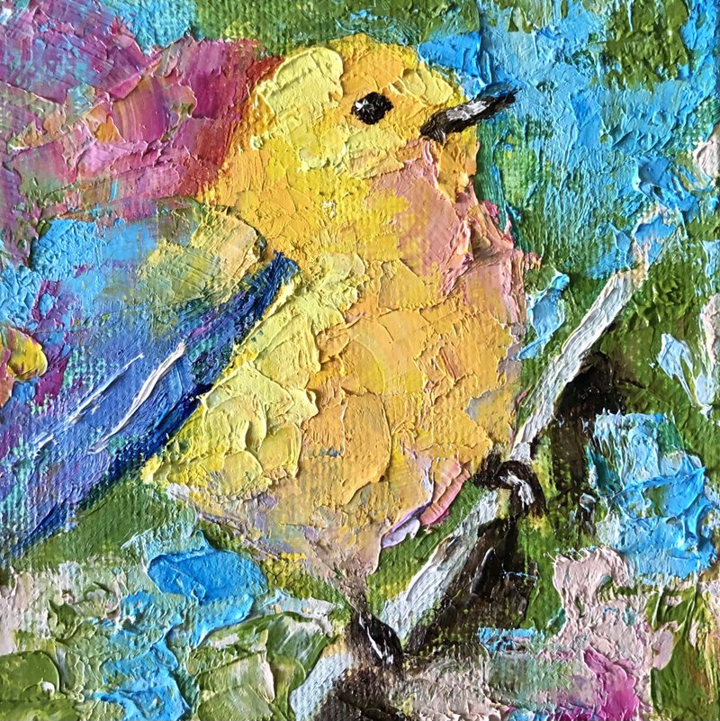 Yellow bird painting, oil on canvas, Tiny robin, Original birds wall art Shop TatiArt painting