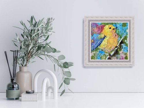 黄色い鳥の絵、キャンバスに油彩、タイニーロビン、オリジナルの鳥のウォールアート