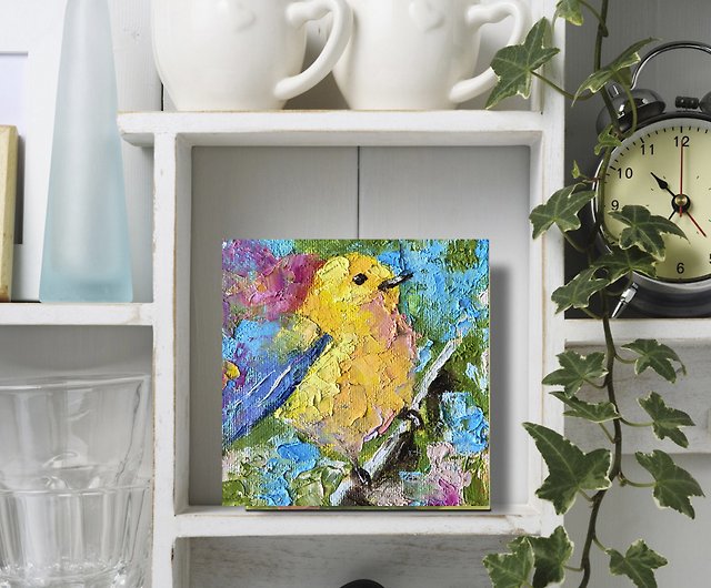 黄色い鳥の絵、キャンバスに油彩、タイニーロビン、オリジナルの鳥の