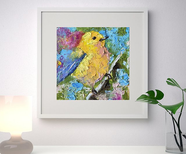 黄色い鳥の絵、キャンバスに油彩、タイニーロビン、オリジナルの鳥の