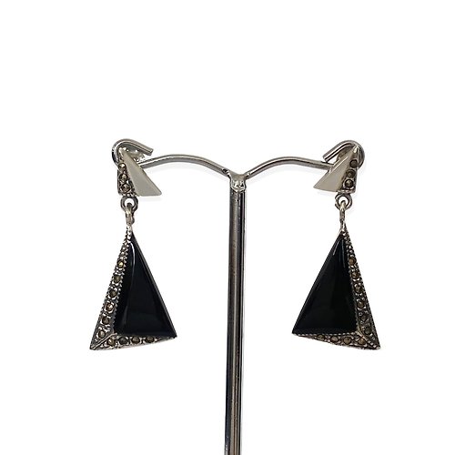 alisadesigns Art Deco Style Triangle Black Onyx & Marcasite Earrings/Set 925 Sterling Silver