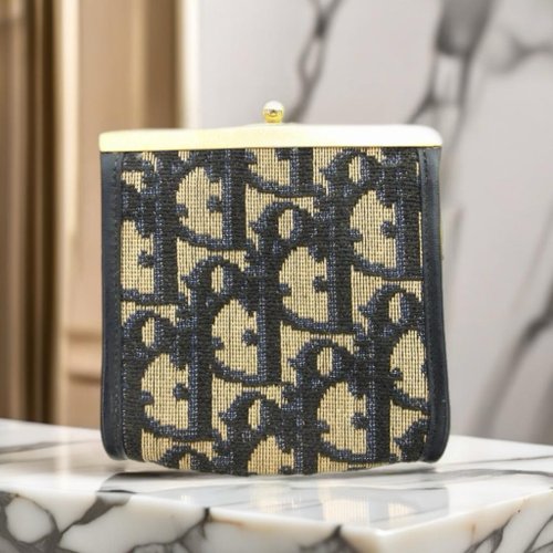 LA LUNE Vintage 日本鑑證古董品選物店 【LA LUNE】日本中古二手Dior深藍色老花短錢包零錢包小手拿袋