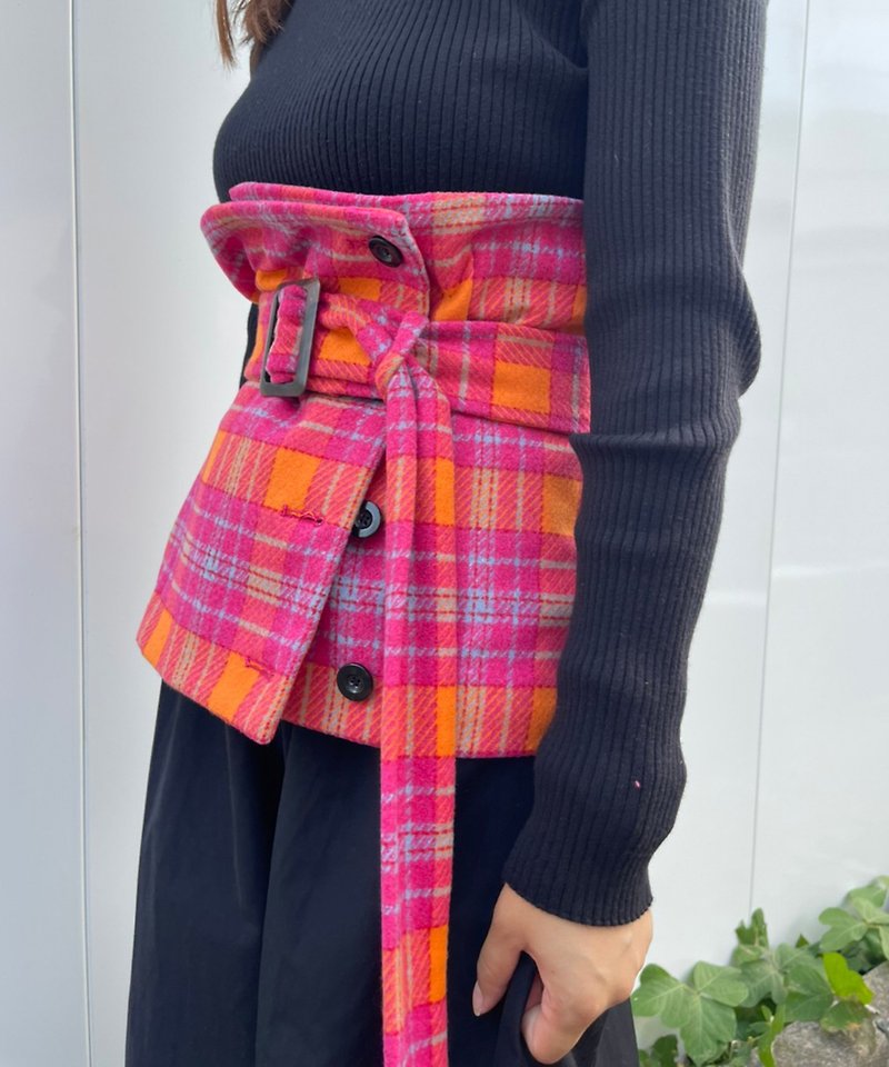 checkered peplum waist belt - เสื้อกั๊กผู้หญิง - ขนแกะ สึชมพู