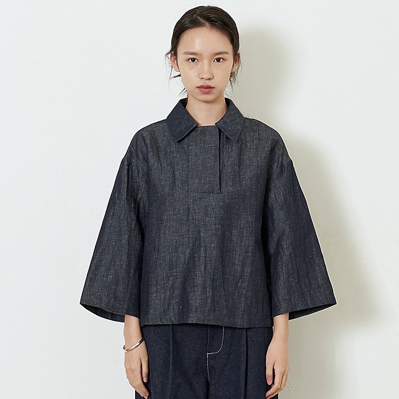 Linen yarn-dyed cotton denim shirt nine points sleeve head SH210134 - เสื้อเชิ้ตผู้หญิง - ผ้าฝ้าย/ผ้าลินิน สีน้ำเงิน