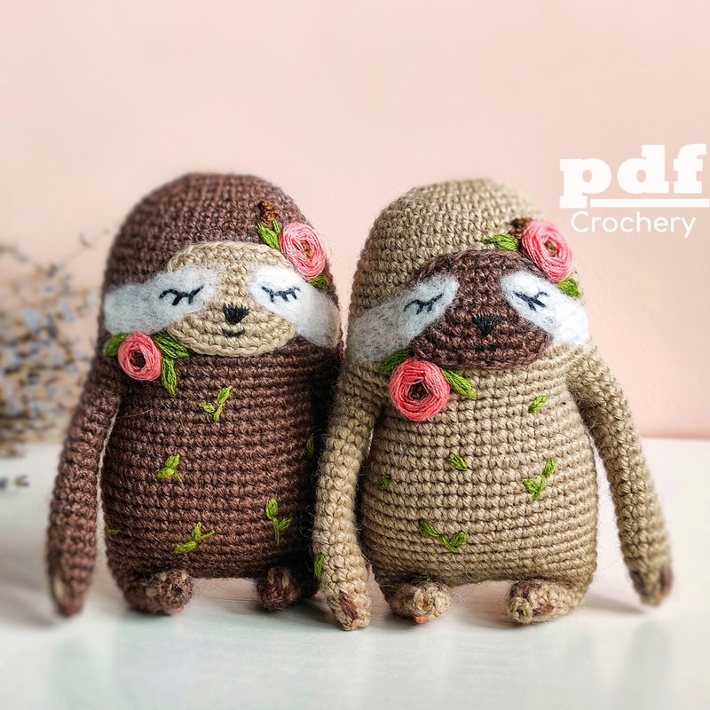 Sloth Peony Amigurumi Pattern with Floral Embroidery PDF Crochet Tutorial - 手工藝教學/工具書 - 其他材質 