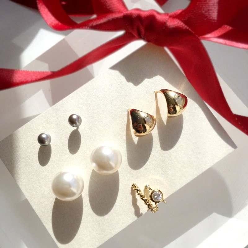 Pinkoi exclusive 2025 lucky bag accessory 5-piece set Earrings Ear Cuff 5 Set - ต่างหู - ไข่มุก สีเทา