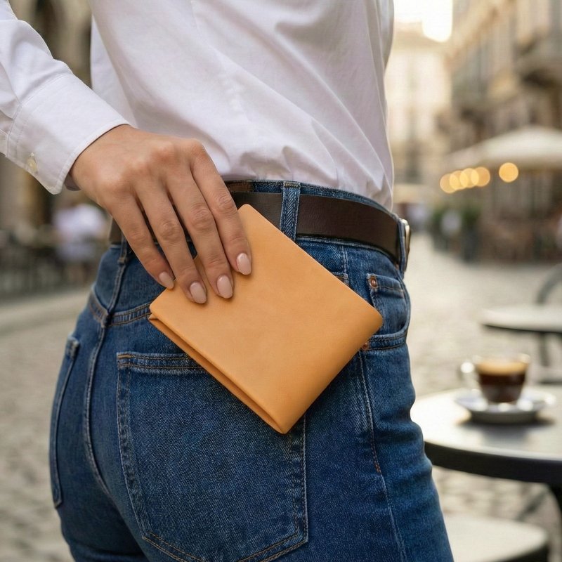 COZI-bifold กระเป๋าสตางค์ผู้ชายและผู้หญิง กระเป๋าสตางค์ใบสั้น กระเป๋าสตางค์ - กระเป๋าสตางค์ - หนังแท้ สีส้ม