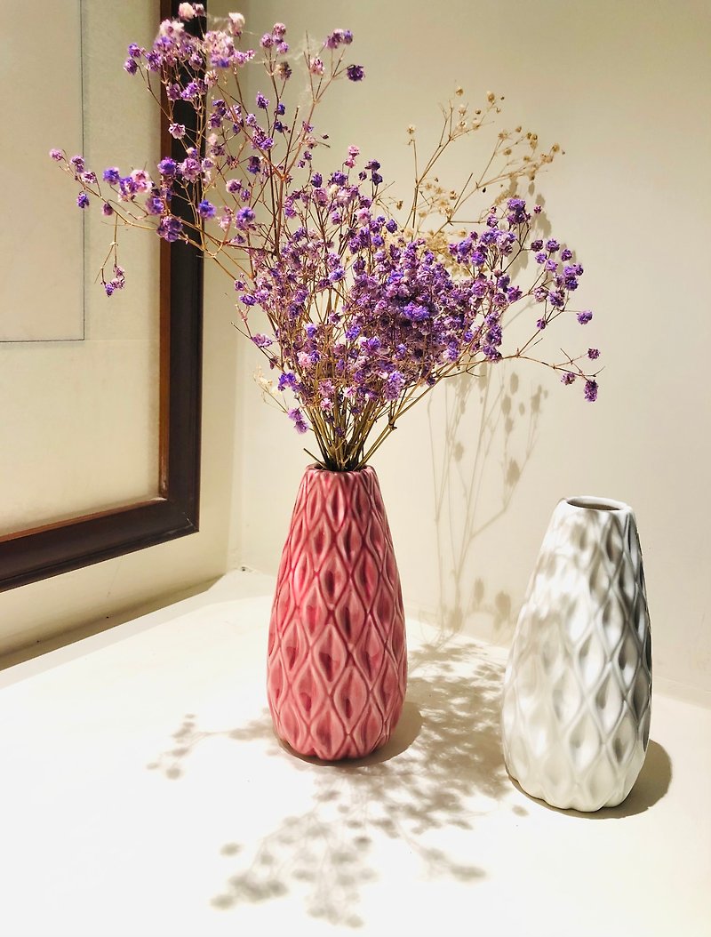Pink glaze engraved flower vase decoration handicraft desk tea table - Pottery & Ceramics - Porcelain Pink
