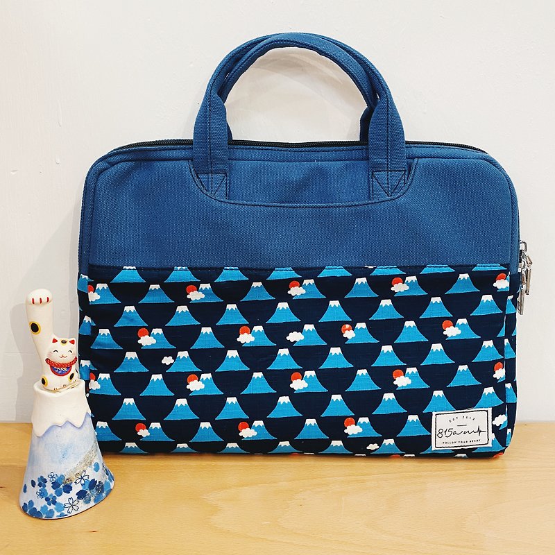 深藍整齊富士山 - 拼色布料手提電腦袋 (13-14吋) / 815a.m - 電腦袋 - 棉．麻 