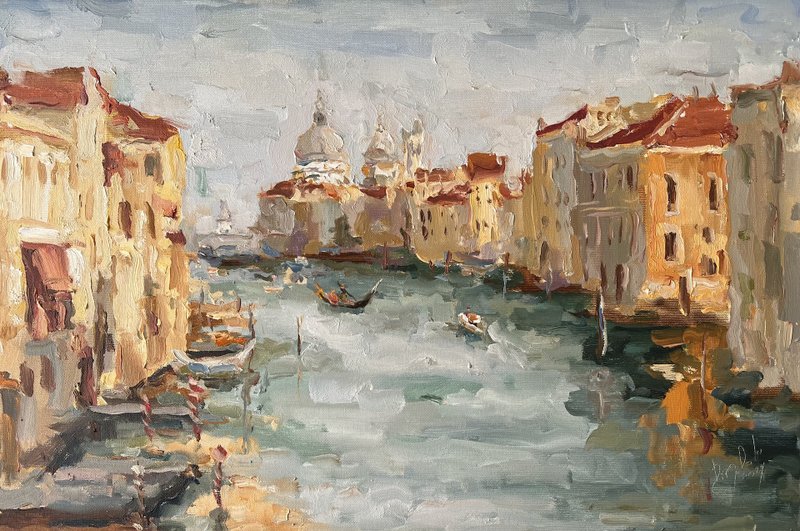 Venice Original Painting Seascape Art Boats Painting Italy Canvas Painting - ตกแต่งผนัง - วัสดุอื่นๆ สีน้ำเงิน