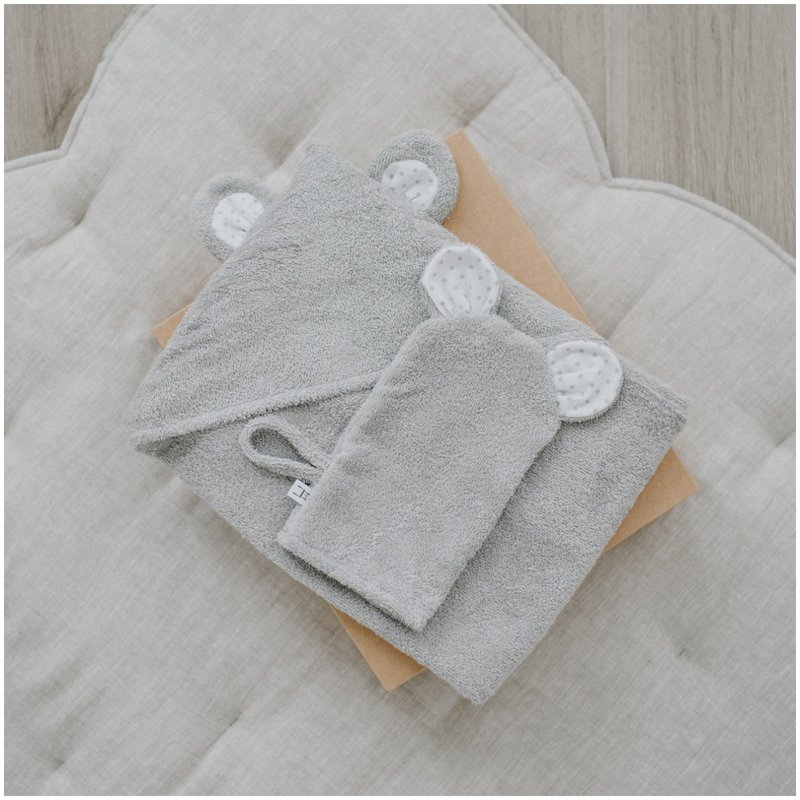 SET: Hooded Towel and Mitten grey set for a Baby or Toddler - 彌月禮盒 - 棉．麻 灰色