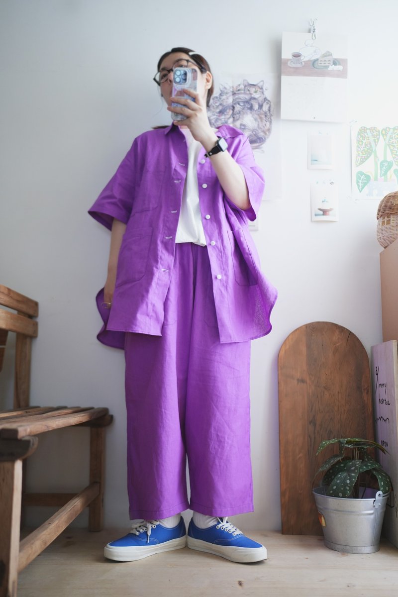 奶昔大哥茄子紫工裝襯衫短袖 - 女襯衫 - 棉．麻 紫色