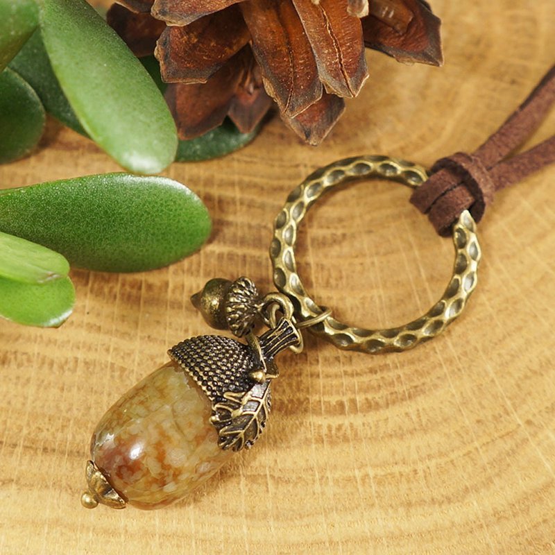 Brown Beige Bronze Agate Acorn Forest Woodland Necklace Man Woman Jewelry Gift - 項鍊 - 半寶石 咖啡色