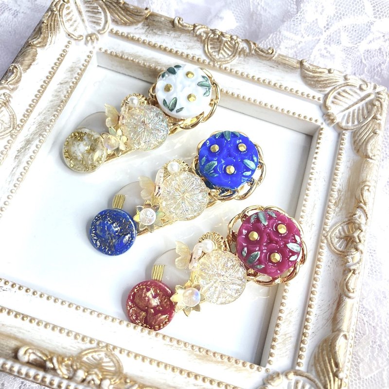 アンティークボタン 風 ヘアクリップ レジン こっくりカラー 冬 秋 ゴージャス 華やか ワインレッド ブルー ホワイト シック レジン - 髮夾/髮圈 - 樹脂 紅色