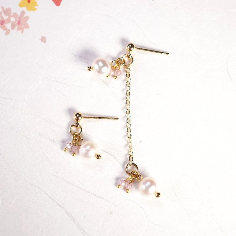 A Handmade Freshwater Pearl and Pink Crystal Asymmetric Dangle Earrings/ Clip-On - ต่างหู - ไข่มุก ขาว