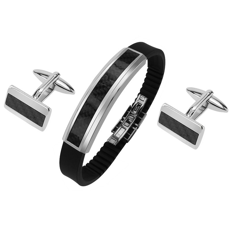 Stainless Steel Carbon Fiber Cufflinks and Bracelet Set - กระดุมข้อมือ - โลหะ สีดำ