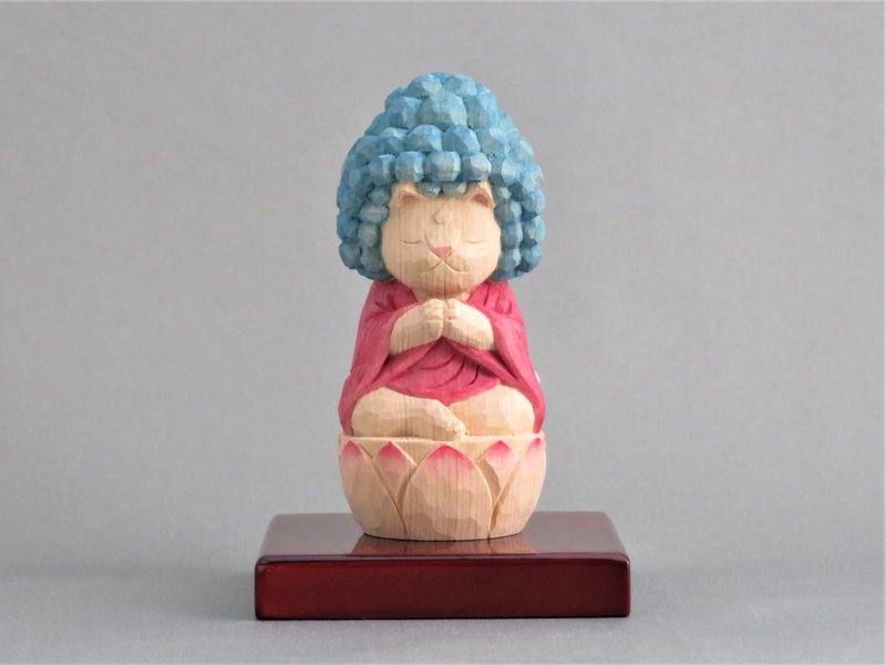 木彫り　袈裟を着た五劫思惟阿弥陀猫仏ブルー　猫仏1905 - 擺飾/家飾品 - 木頭 粉紅色