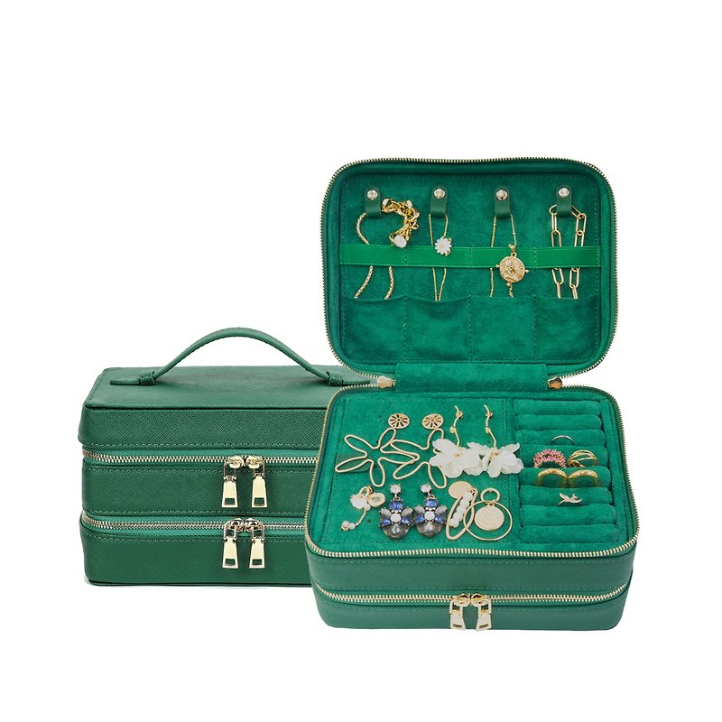 Customized Lettering Leather Saffiano Leather Earring Jewelry Storage Box Jewelry Box- Gemstone Green - กระเป๋าเครื่องสำอาง - หนังแท้ สีเขียว
