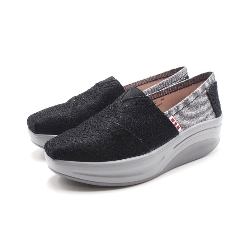 W&M BOUNCE Pearlescent Fabric Heightened Thick Sole Casual Shoes for Women - Black and Gray (Also Available in Silver White) - รองเท้าลำลองผู้หญิง - วัสดุอื่นๆ 