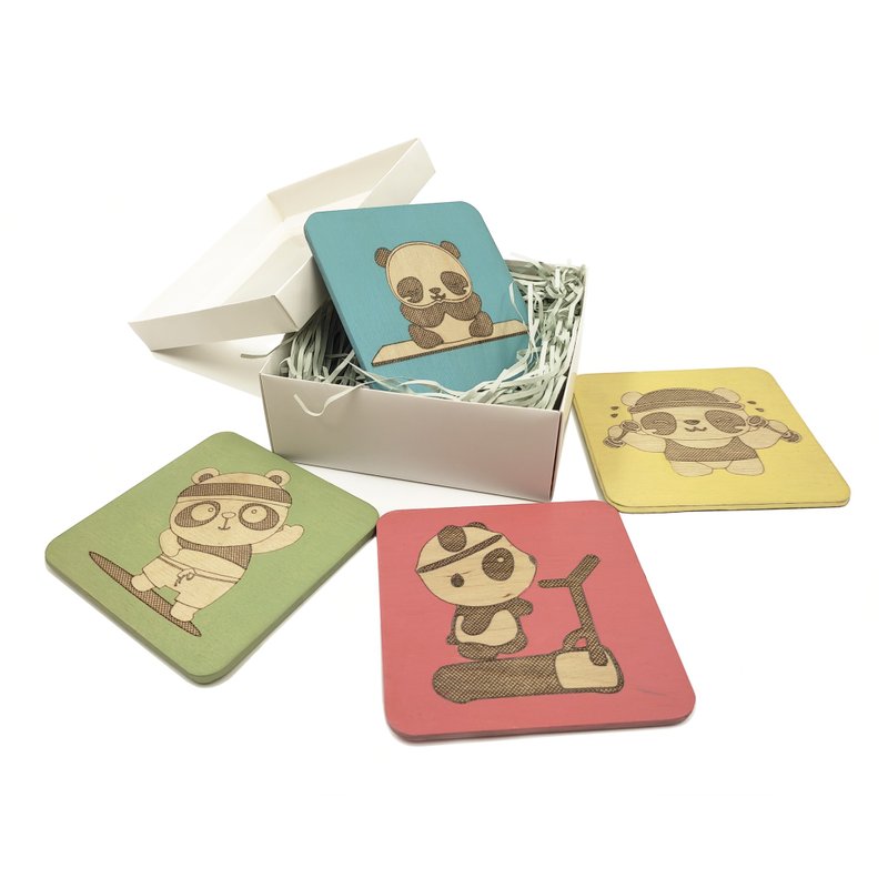 Customized Set of 4 Wood Magnetic Kawaii Panda Sport Fitness Coasters for Cups - 杯墊 - 木頭 多色