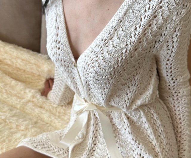 V neck lace dress Summer dress white Knit dress for women