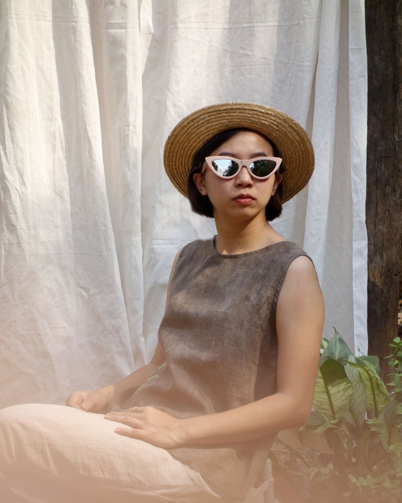 Sleeveless linen shirt dyed ebony brown. Brown bamboo embroidery. - Women's Tops - Cotton & Hemp Brown