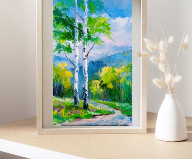 白樺の木の絵オリジナルアート風景油絵7.8*11.8インチ