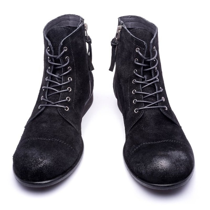 ARGIS Japanese pure cowhide rough sense of high-tube military boots #22230 suede black-handmade in Japan - รองเท้าลำลองผู้ชาย - หนังแท้ สีดำ