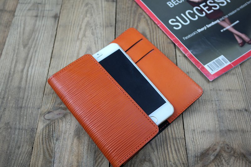 APEE leather hand ~ wallet mobile phone holster ~ strange pattern of honey citrus ~ iphone X / 8 plus - เคส/ซองมือถือ - หนังแท้ สีส้ม