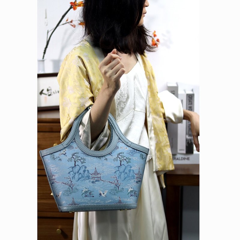 Handmade genuine leather patchwork handbag dual-purpose vegetable basket shoulder bag Chinese style garden party Songjin - Messenger Bags & Sling Bags - Genuine Leather Blue