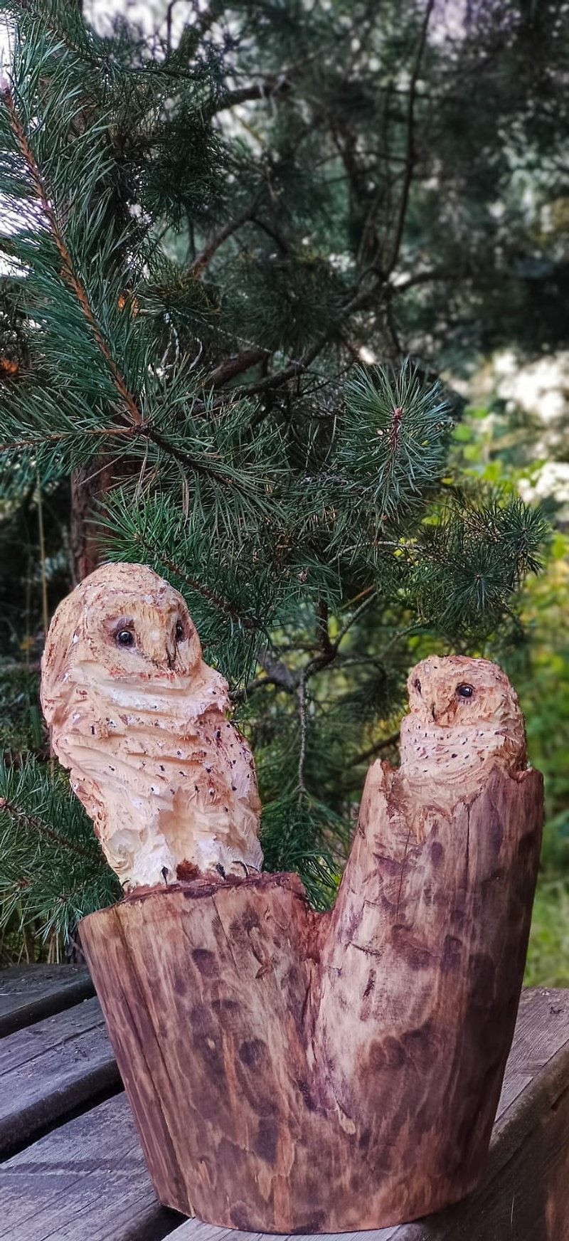 Owl family in wood - ตุ๊กตา - ไม้ สีนำ้ตาล