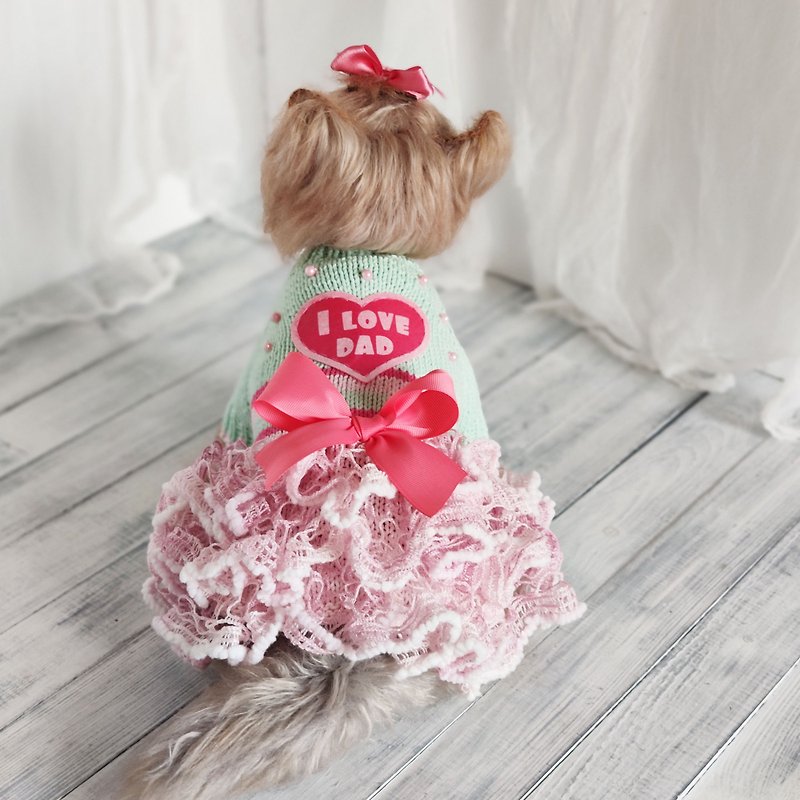 Father's day dog sweater I love dad Handmade small dog clothes for girl Pink kni - 寵物衣服 - 羊毛 