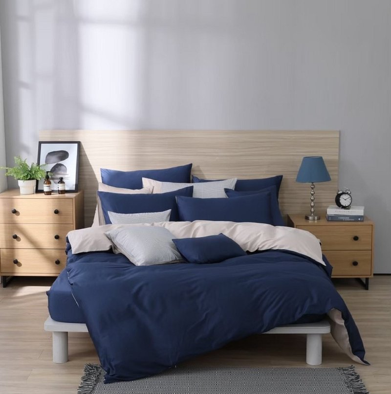 【恩可居家】CLASSIC4深藍X奶茶灰 床包枕套組 床包被套組 美式枕 - 寢具/床包 - 棉．麻 