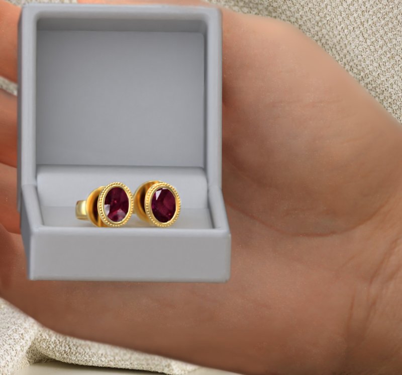 Stud Red Ruby Earring for Woman, Natural Ruby, 925 Silver, Earring Stud - General Rings - Stone 