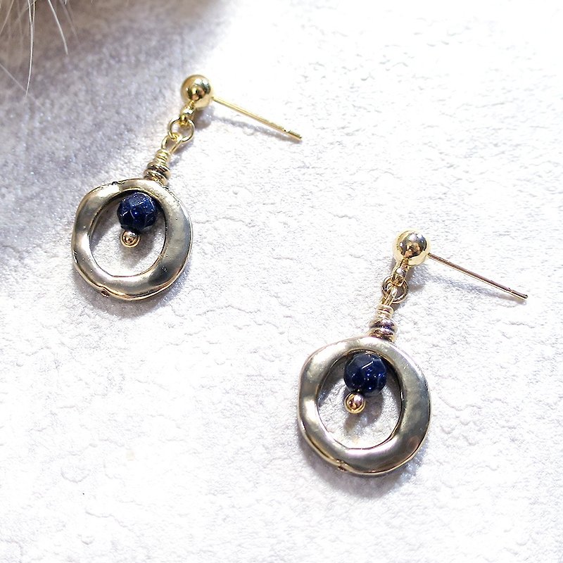 VIIART. Small circle-dark blue. Retro Gold Blue sand Stone earrings - clip-on can be changed - Earrings & Clip-ons - Other Metals Blue