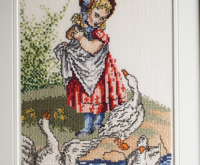 オランダの「少女と白鳥」刺繍壁掛け絵画 - ショップ L&R Antiques and