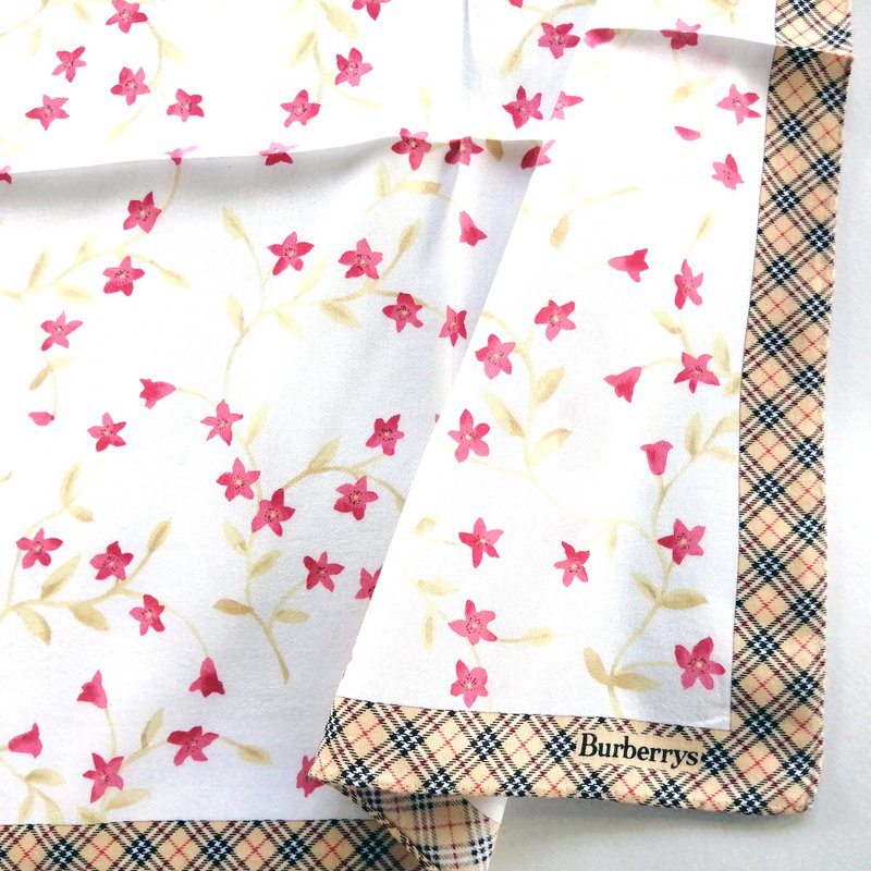Vintage Burberrys Floral Handkerchief – Check Border 20 x 19 inches - 絲巾 - 棉．麻 卡其色